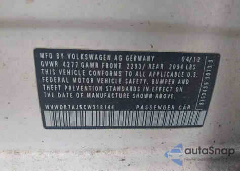 2012 Volkswagen Golf 2.5L 4-Door из США, поврежденный, VIN WVWDB7AJ5CW318144